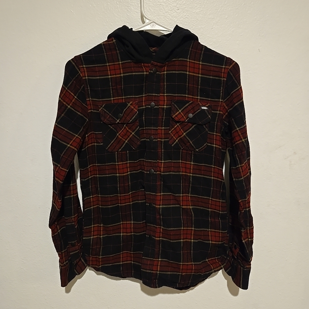 Boys Vans Long Sleeve Button Up Plaid Hooded Flannel Shir w/ Pockets Size Medium